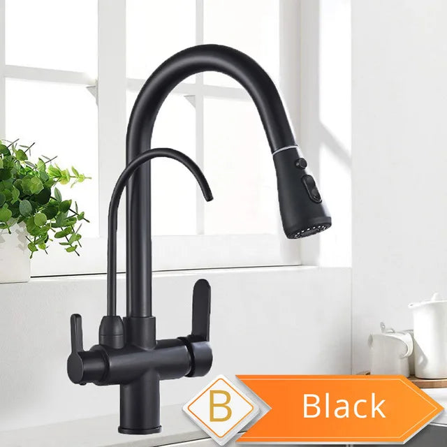 Purification Water Kitchen Faucet Black 360° Rotating Filter Water Faucets Pull Out Sprayer 3 Ways Hot Cold Water Mixer Tap