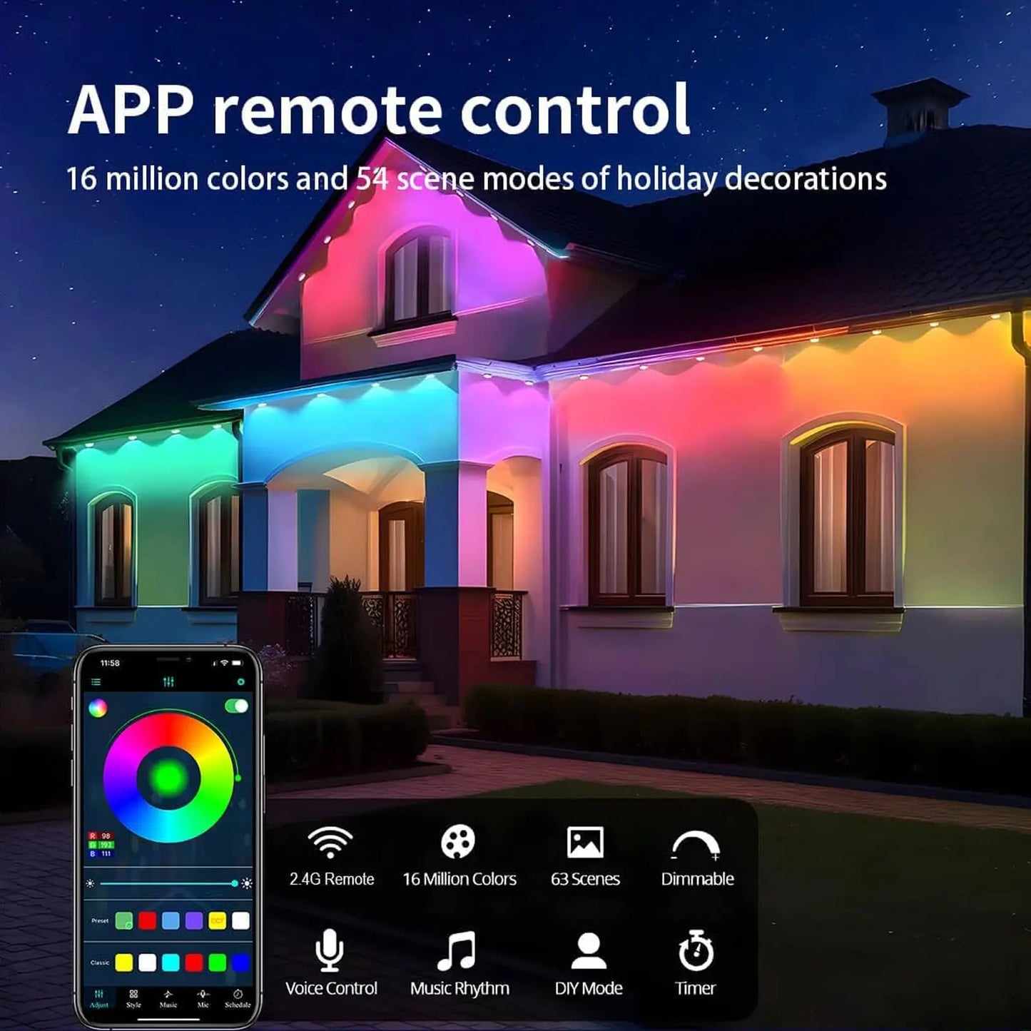 Permanent Outdoor Smart Eaves Lights 100FT 60LED App Control RGBIC String Lights with Remote for Home Christmas Parties & Events