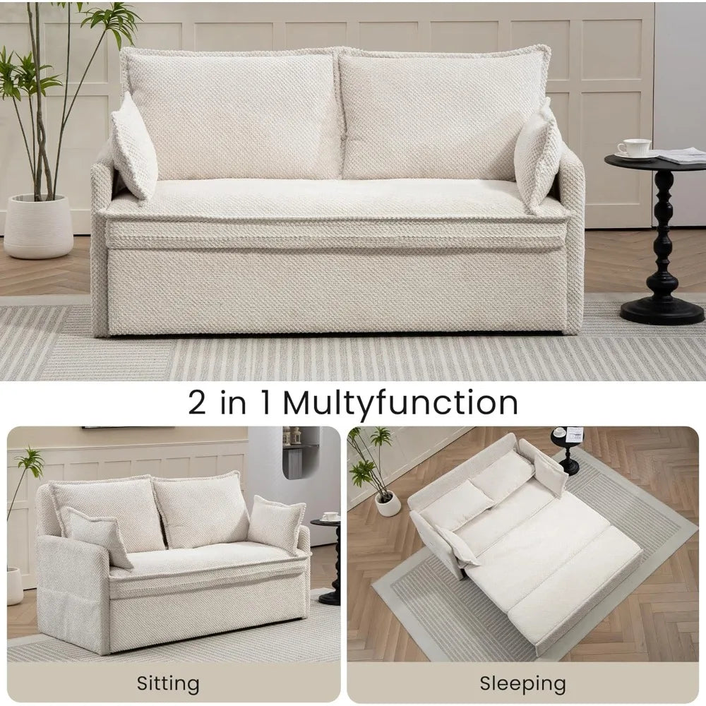 2 in 1 Queen Sleeper Sofa Bed Pull Out Couch, Convertible Sofa Bed with USB Ports and Side Pocket, Corduroy Chaise Lounge