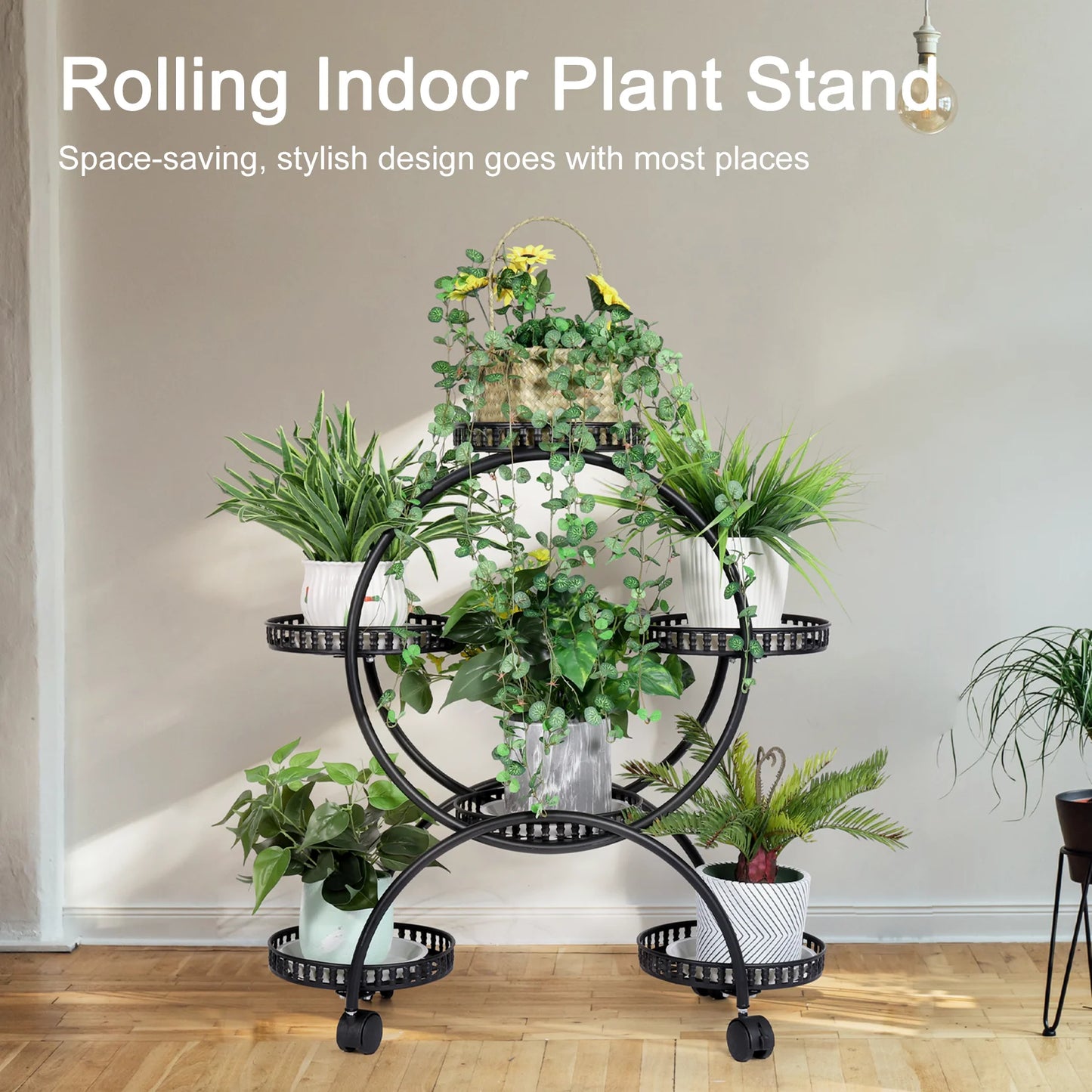 Unho 6 Potted Metal Plant Stand Garden Cart Wrought Iron Flower Pots Rack Holder Display Shelf with Wheels for Patio Porch