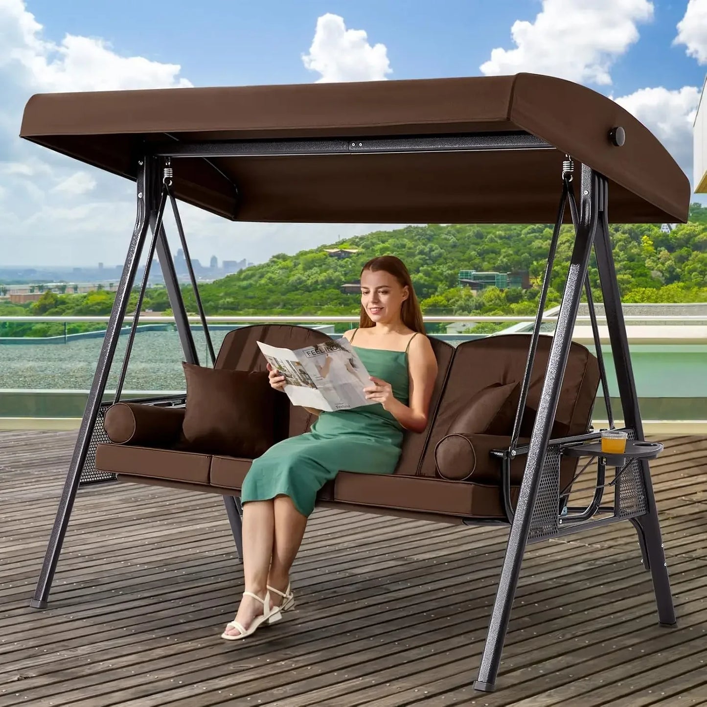 Outdoor Porch Swing with Adjustable Canopy Three Seat Outdoor Swing for Adults Patio Swing Chair with Thickened Cushions