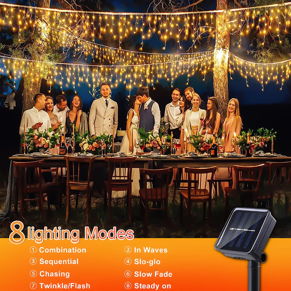 Solar Icicle Curtain Lights Outdoor Waterproof Eaves Light String 8 LIghting Modes 2025 Garden New Year Ramadan Decoration