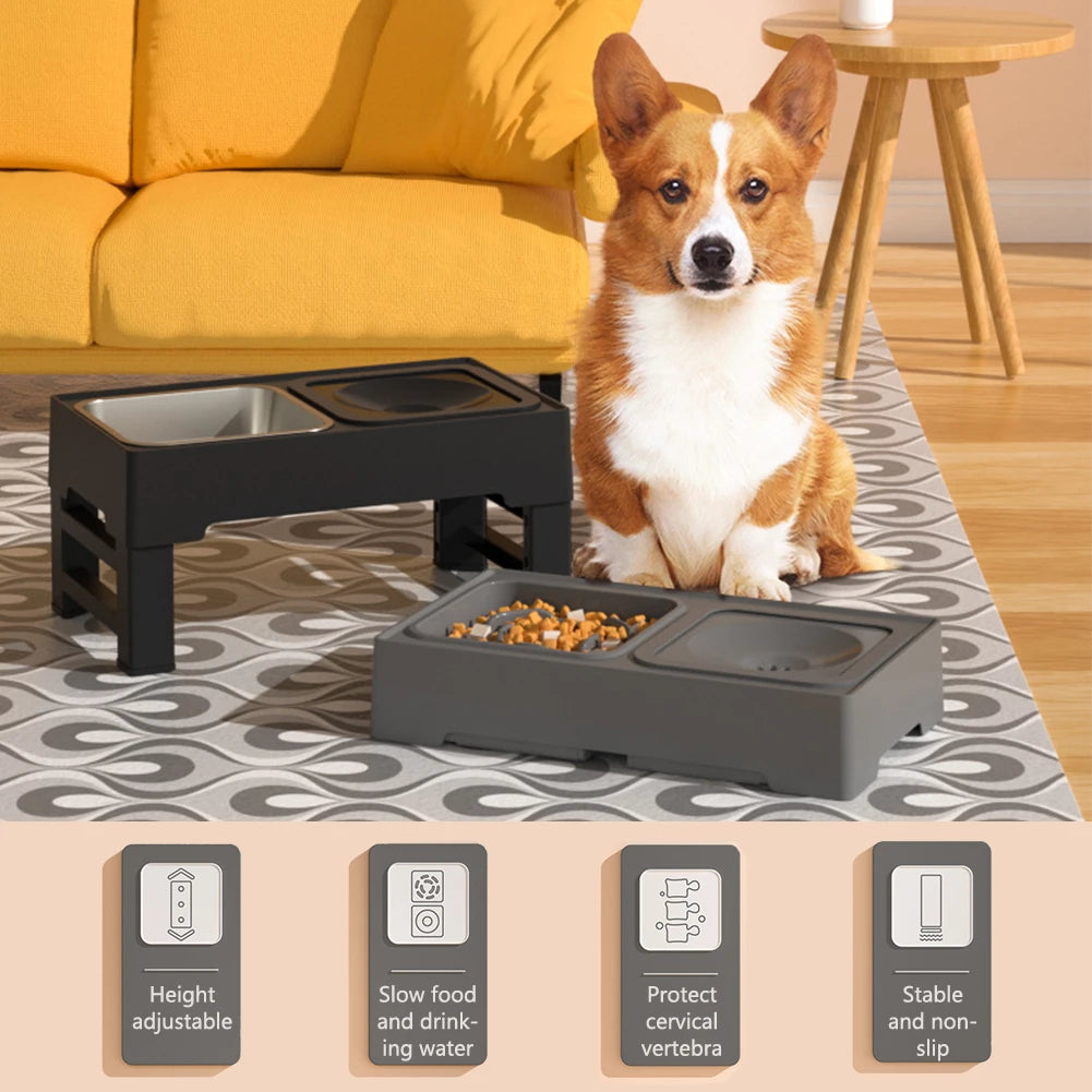 3 In 1 Pet Dog Stainless Steel Slow Feed Drinking Water Bowls Adjustable Height Cat Dog Bowl Large Pet Slow Food