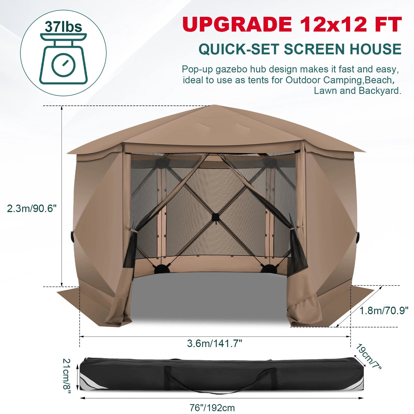 Pop Up Gazebo Screen Tent for Camping 12x12 Camping Gazebo with Removable Roof Outdoor Screened Gazebo with Five Sidewalls