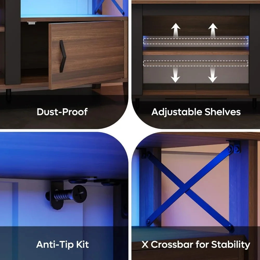 Farmhouse TV Stand for 70 inch TV, Gaming Entertainment Center with LED Lights & Storage Cabinets & Shelf