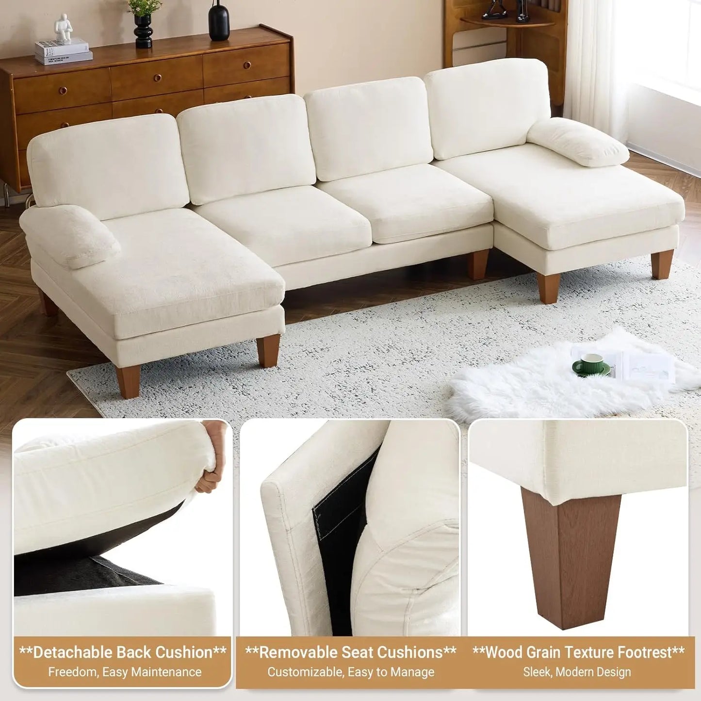110" Sectional Couches for Living Room,U Shaped Couch with Double Chaise, 4-Seat Sofa Set with Chenille Fabric for Home