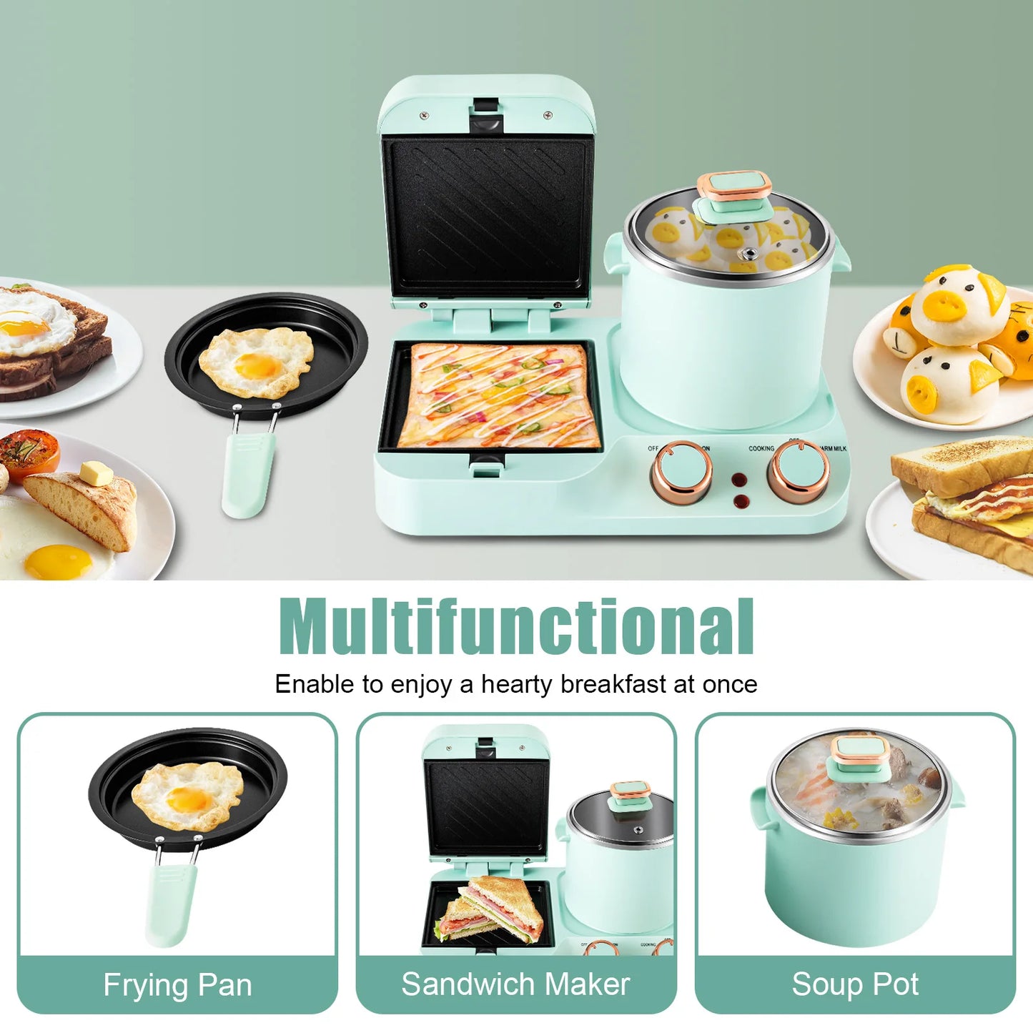3in1 Electric Sandwich Breakfast Machine, 110V Mini Toaster, Non-stick Multi-functional Breakfast Table with Frying Pan