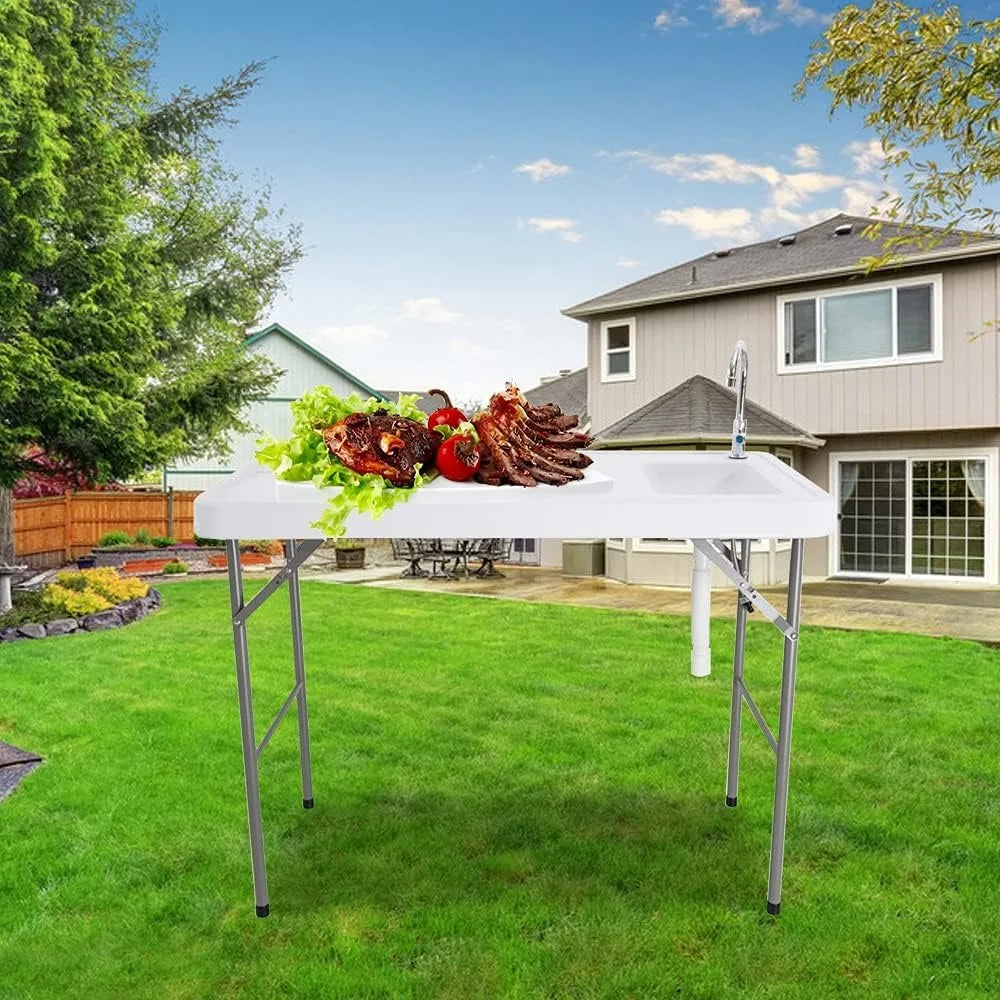 46” Fish Cleaning Table with Sink, Portable Camping Table with Faucet & Drainage Hose, Outdoor Fillet Station for Camp, Picnic