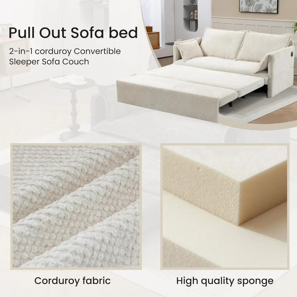 2 in 1 Queen Sleeper Sofa Bed Pull Out Couch, Convertible Sofa Bed with USB Ports and Side Pocket, Corduroy Chaise Lounge