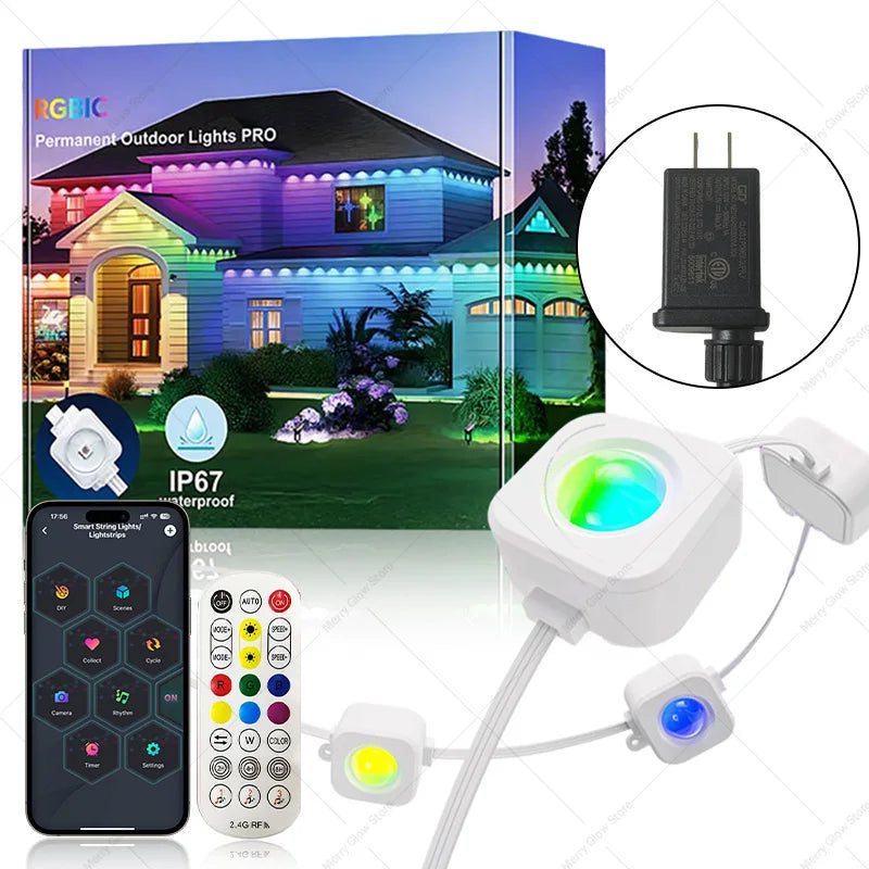 Permanent Outdoor Smart Eaves Lights 100FT 60LED App Control RGBIC String Lights with Remote for Home Christmas Parties & Events
