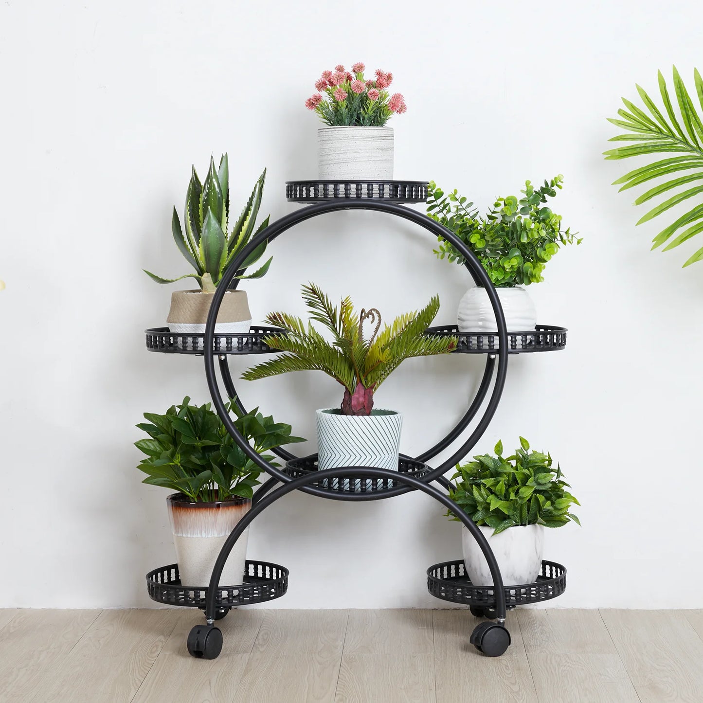 Unho 6 Potted Metal Plant Stand Garden Cart Wrought Iron Flower Pots Rack Holder Display Shelf with Wheels for Patio Porch