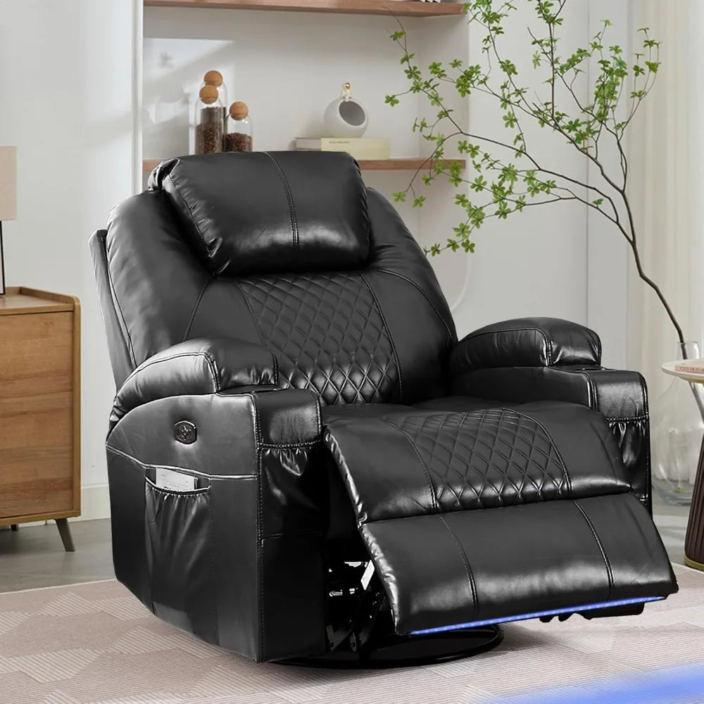 Power Swivel Rocker Recliner Chair with Massage and Heat, Faux Leather Home Theater Seating with LED Ambient Lighting, Glider R