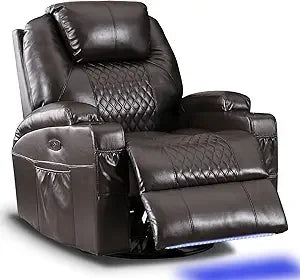 Power Swivel Rocker Recliner Chair with Massage and Heat, Faux Leather Home Theater Seating with LED Ambient Lighting, Glider R
