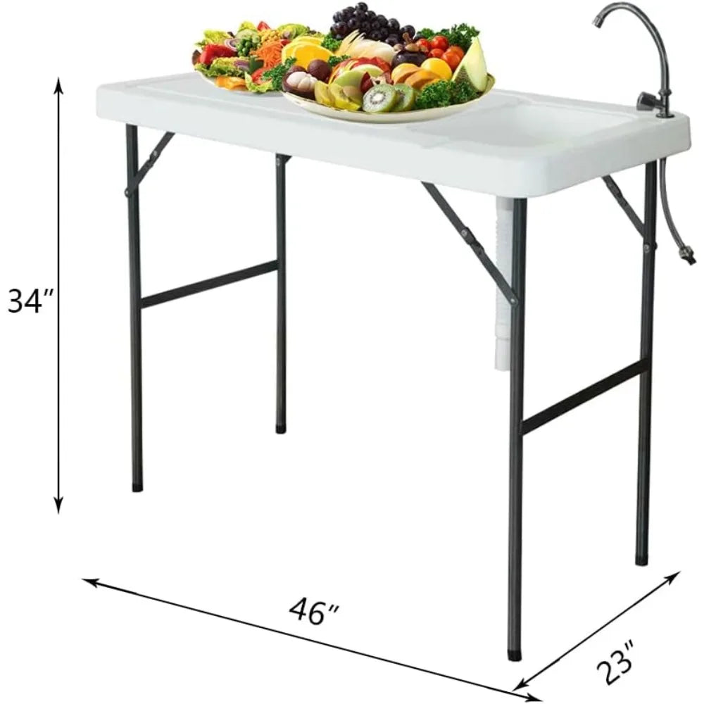 46” Fish Cleaning Table with Sink, Portable Camping Table with Faucet & Drainage Hose, Outdoor Fillet Station for Camp, Picnic