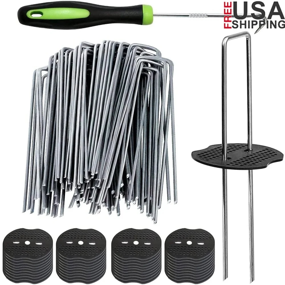 50 Pieces Heavy Duty U Shaped Garden Stakes Landscape Staples 6 Inch 11 Gauge Galvanized Metal with Fixing Gaskets and Pick Hook Included