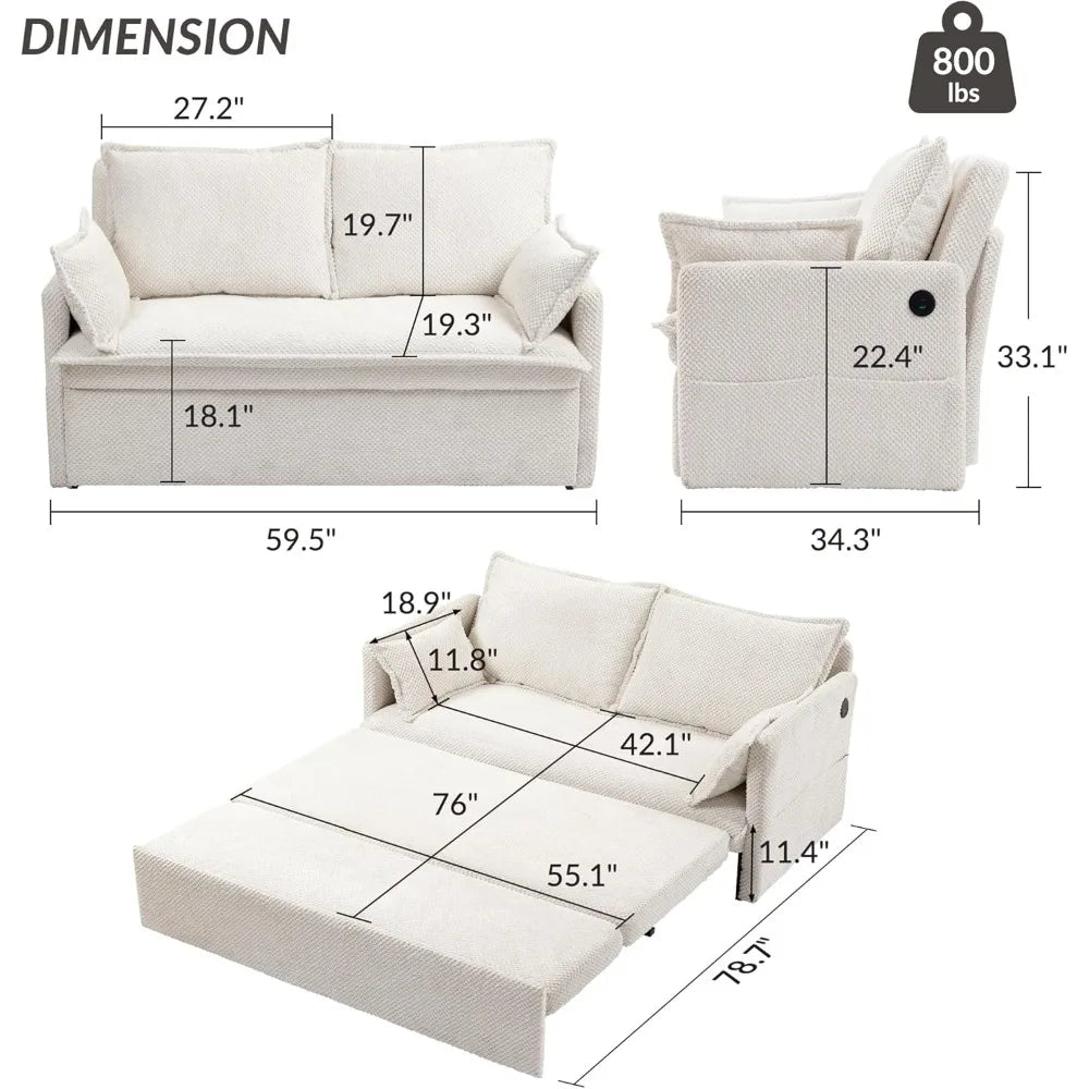 2 in 1 Queen Sleeper Sofa Bed Pull Out Couch, Convertible Sofa Bed with USB Ports and Side Pocket, Corduroy Chaise Lounge