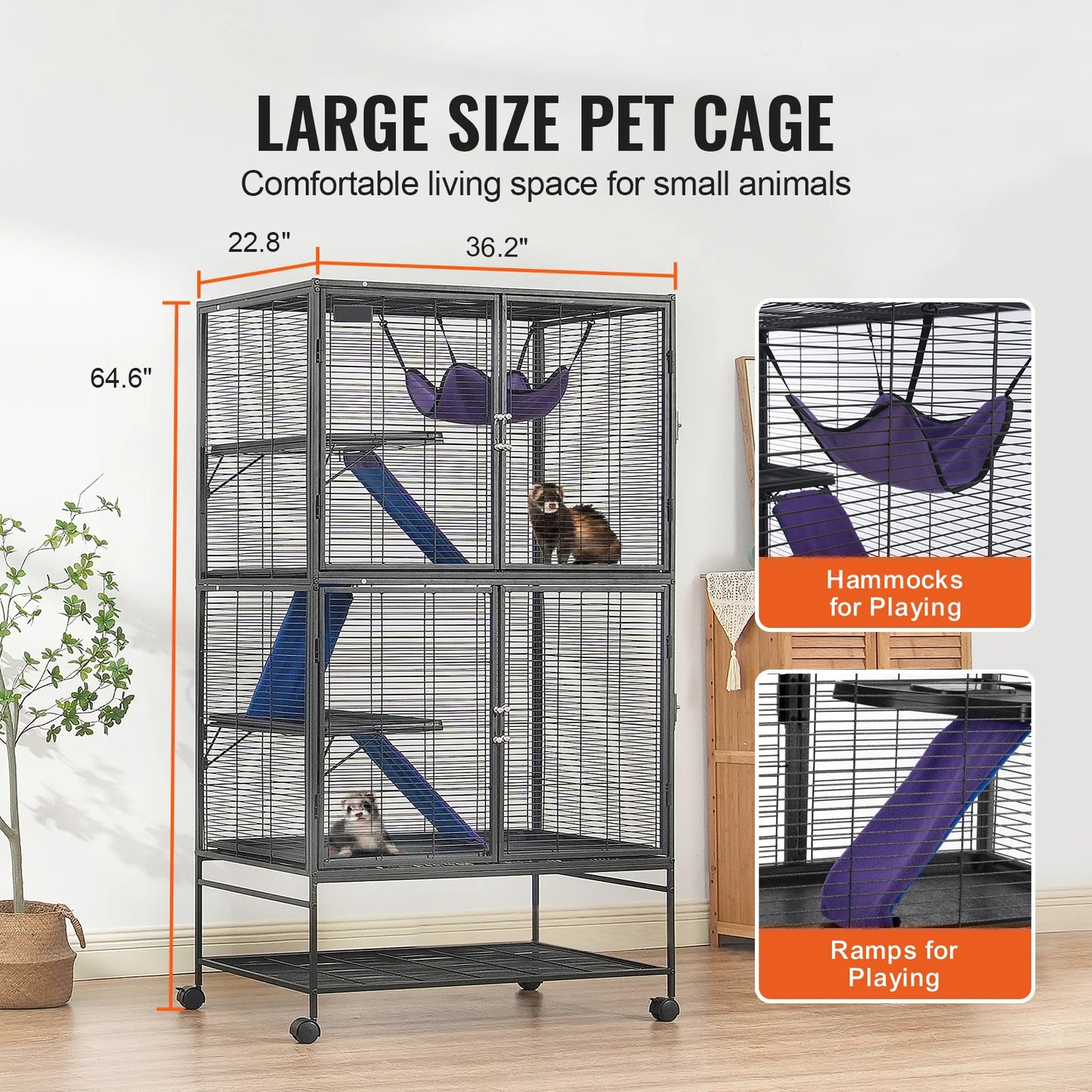 SucceBuy 64.6" Rolling Metal Ferret Cage Large 4-Tier Critter Nation Cage Small Animal Cage for Pet Rats Hamster Guinea