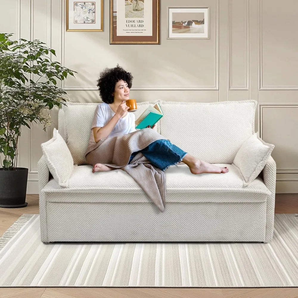 2 in 1 Queen Sleeper Sofa Bed Pull Out Couch, Convertible Sofa Bed with USB Ports and Side Pocket, Corduroy Chaise Lounge