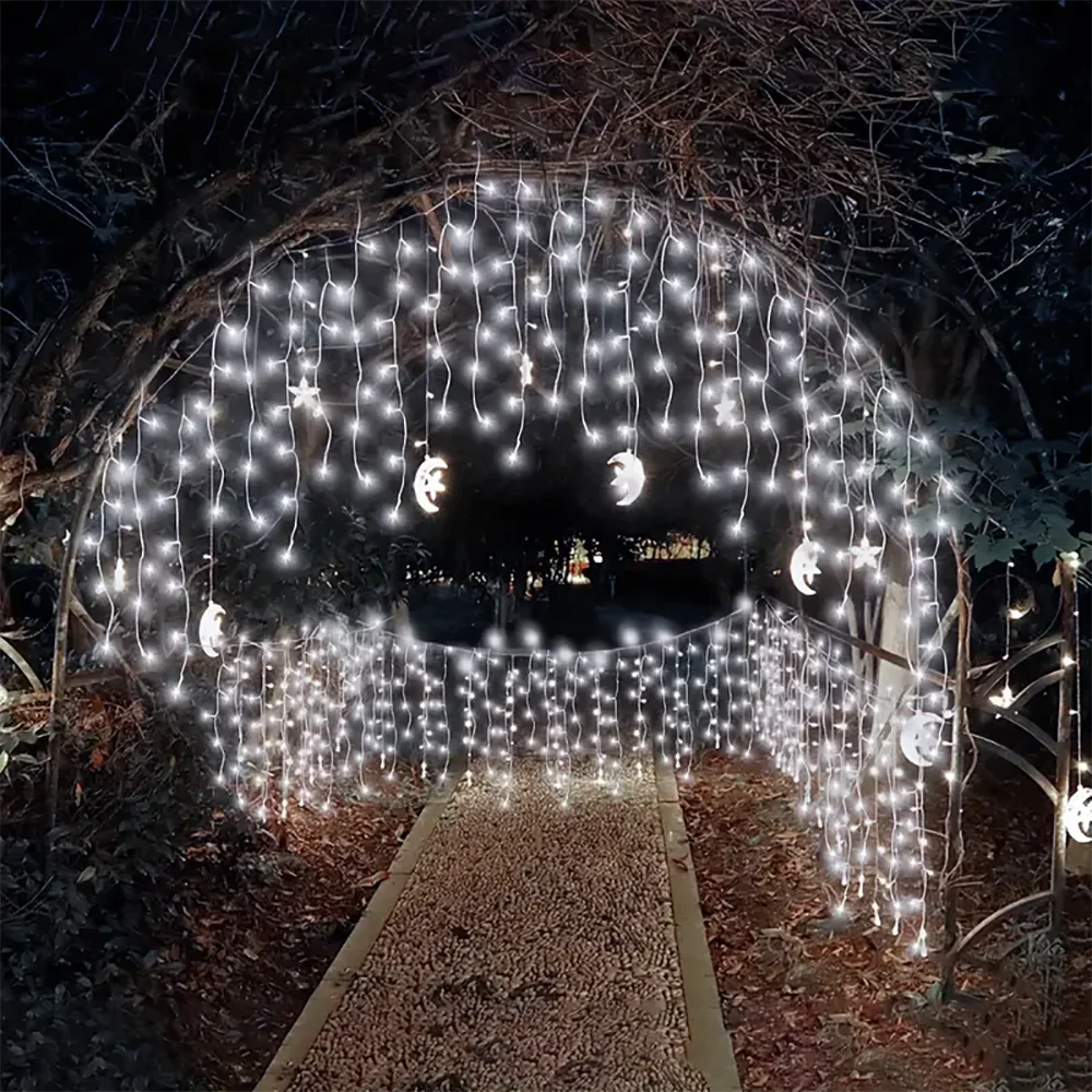 Solar Icicle Curtain Lights Outdoor Waterproof Eaves Light String 8 LIghting Modes 2025 Garden New Year Ramadan Decoration