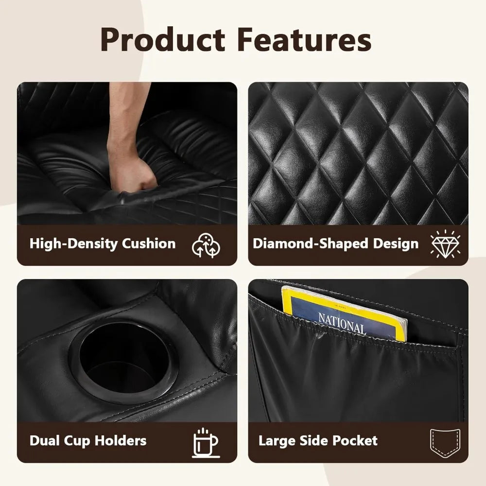 Power Swivel Rocker Recliner Chair with Massage and Heat, Faux Leather Home Theater Seating with LED Ambient Lighting, Glider R