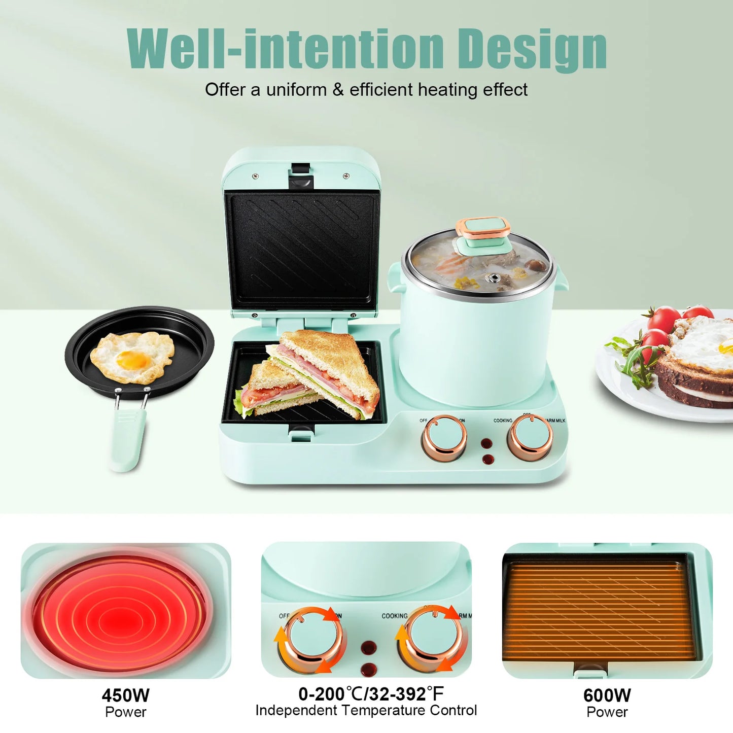 3in1 Electric Sandwich Breakfast Machine, 110V Mini Toaster, Non-stick Multi-functional Breakfast Table with Frying Pan