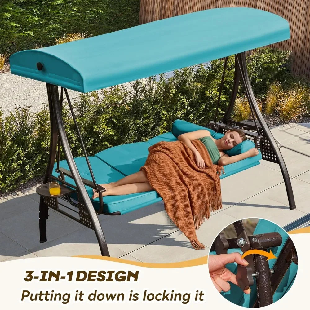 Outdoor Porch Swing with Adjustable Canopy Three Seat Outdoor Swing for Adults Patio Swing Chair with Thickened Cushions