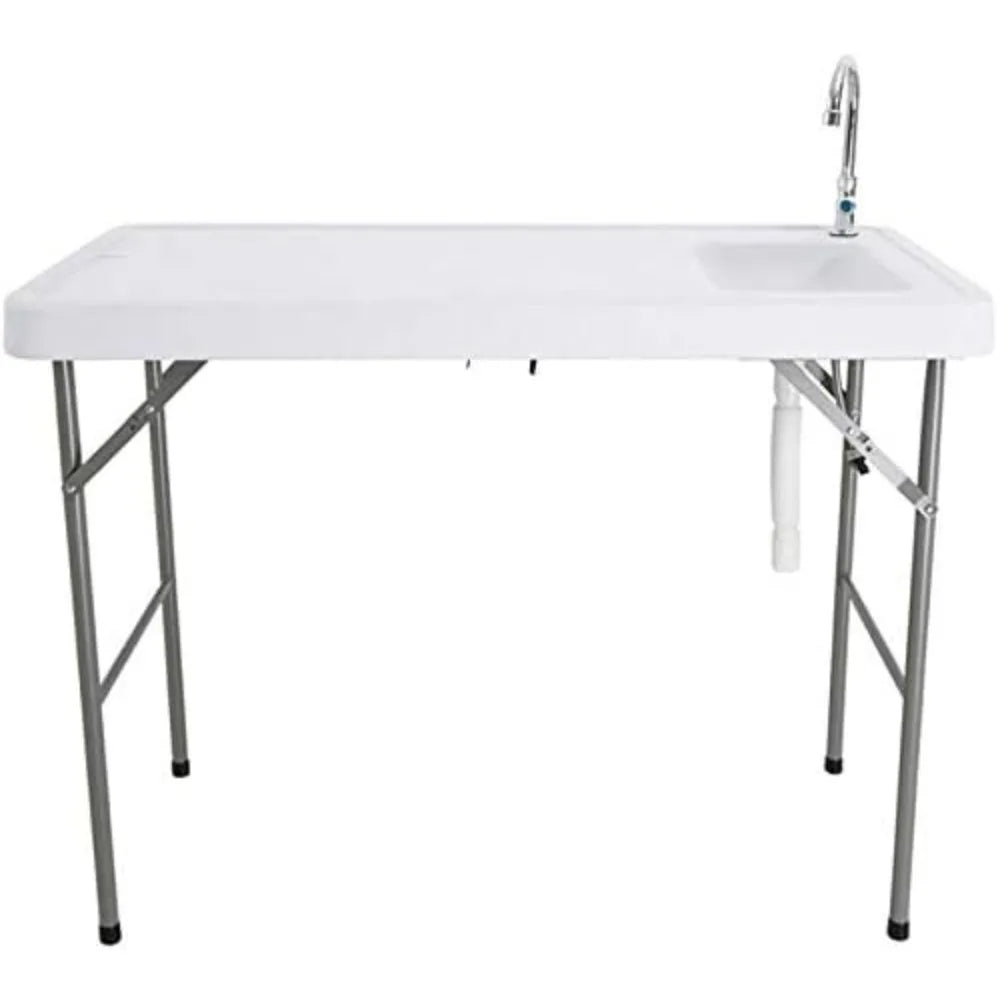 46” Fish Cleaning Table with Sink, Portable Camping Table with Faucet & Drainage Hose, Outdoor Fillet Station for Camp, Picnic