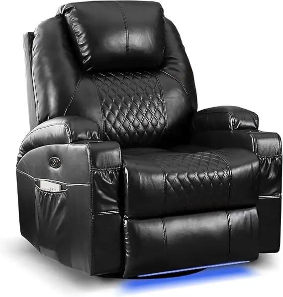 Power Swivel Rocker Recliner Chair with Massage and Heat, Faux Leather Home Theater Seating with LED Ambient Lighting, Glider R