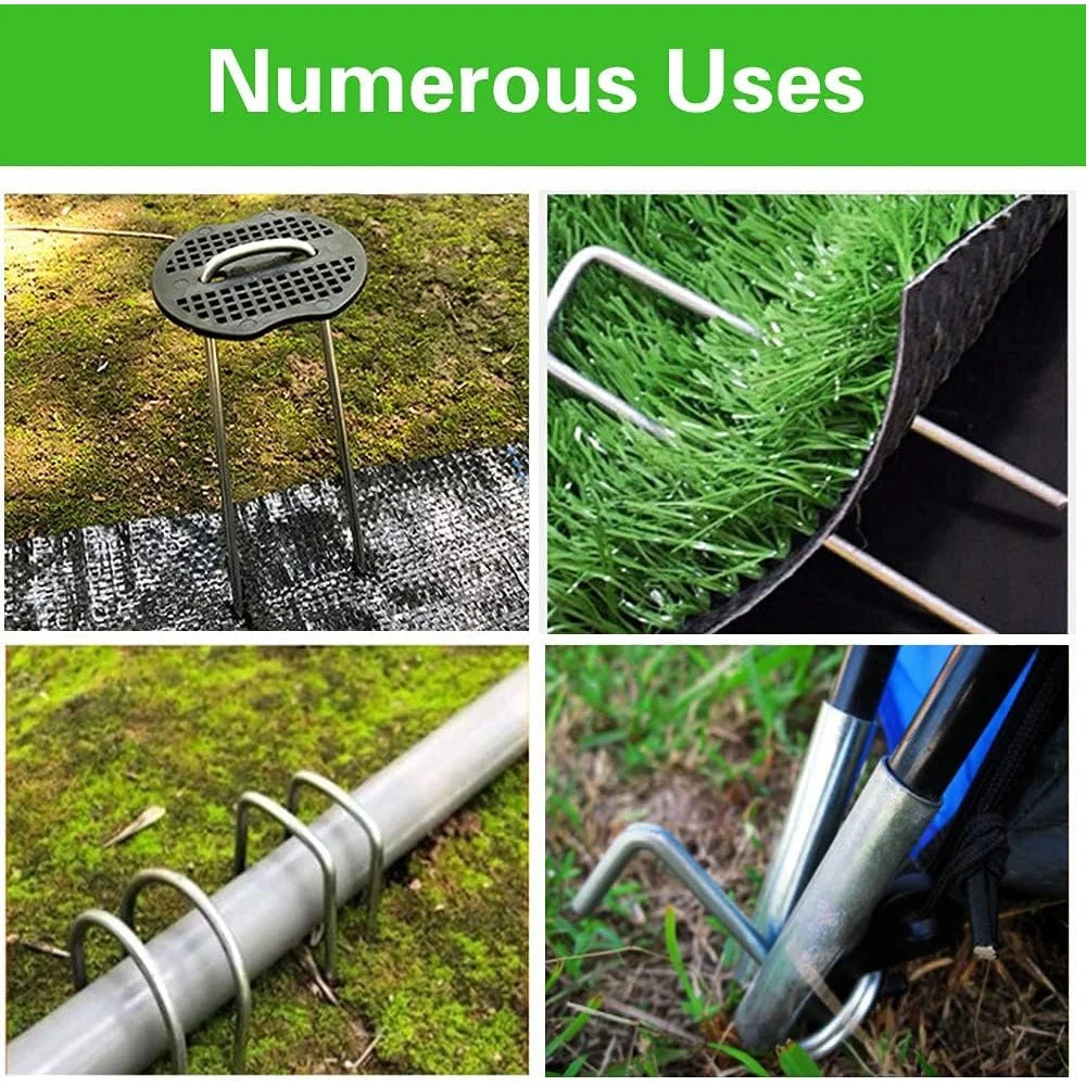 50 Pieces Heavy Duty U Shaped Garden Stakes Landscape Staples 6 Inch 11 Gauge Galvanized Metal with Fixing Gaskets and Pick Hook Included