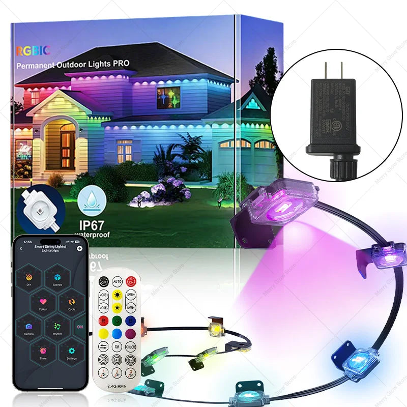 Permanent Outdoor Smart Eaves Lights 100FT 60LED App Control RGBIC String Lights with Remote for Home Christmas Parties & Events