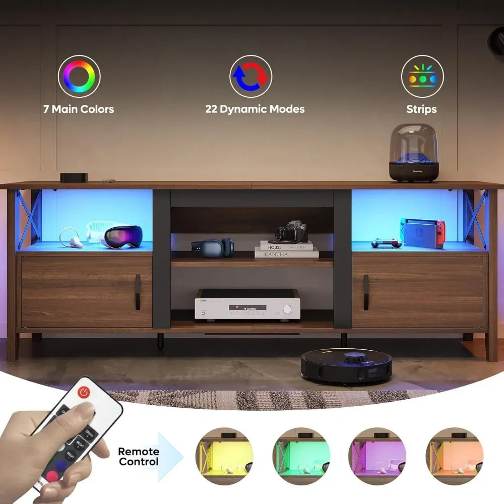 Farmhouse TV Stand for 70 inch TV, Gaming Entertainment Center with LED Lights & Storage Cabinets & Shelf