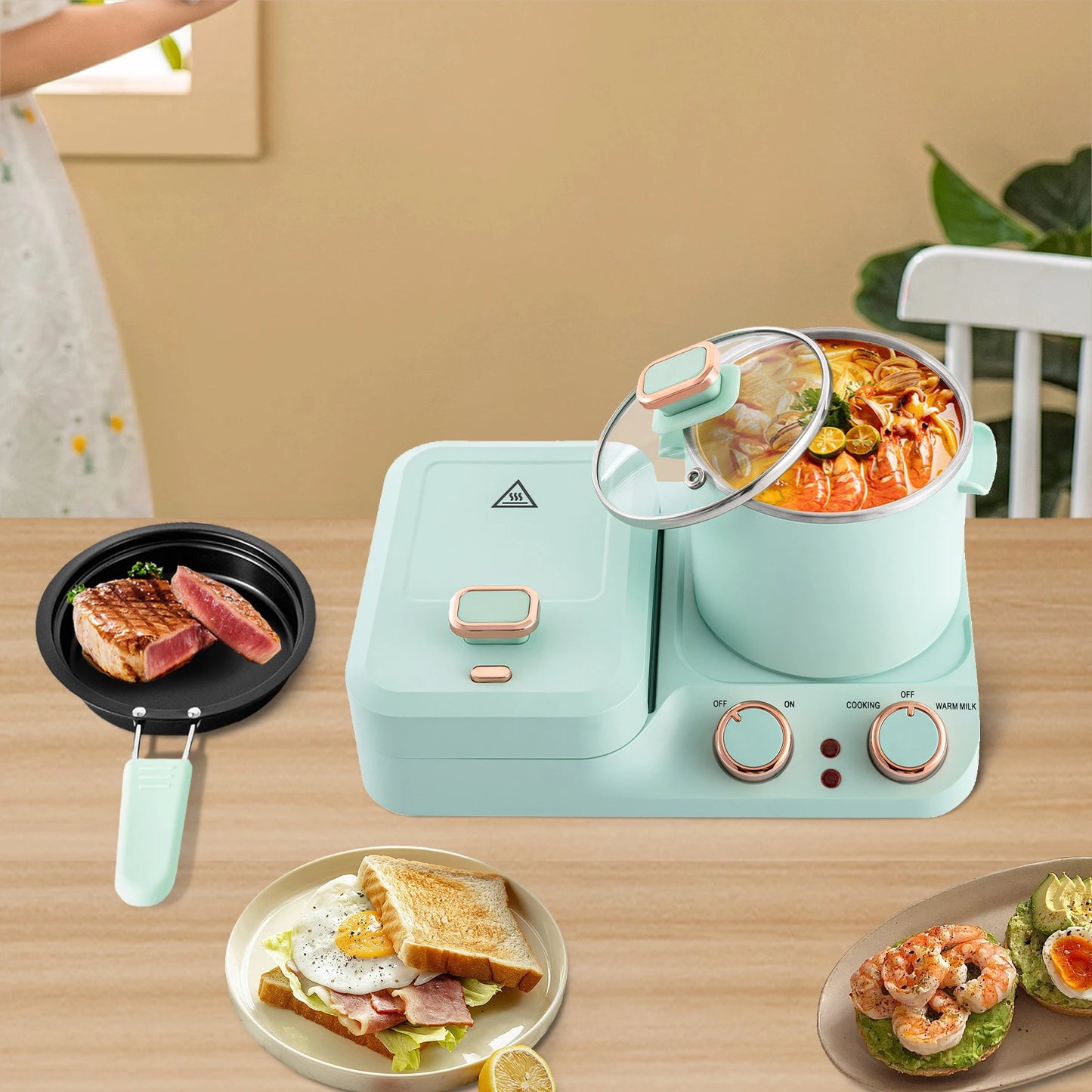 3in1 Electric Sandwich Breakfast Machine, 110V Mini Toaster, Non-stick Multi-functional Breakfast Table with Frying Pan