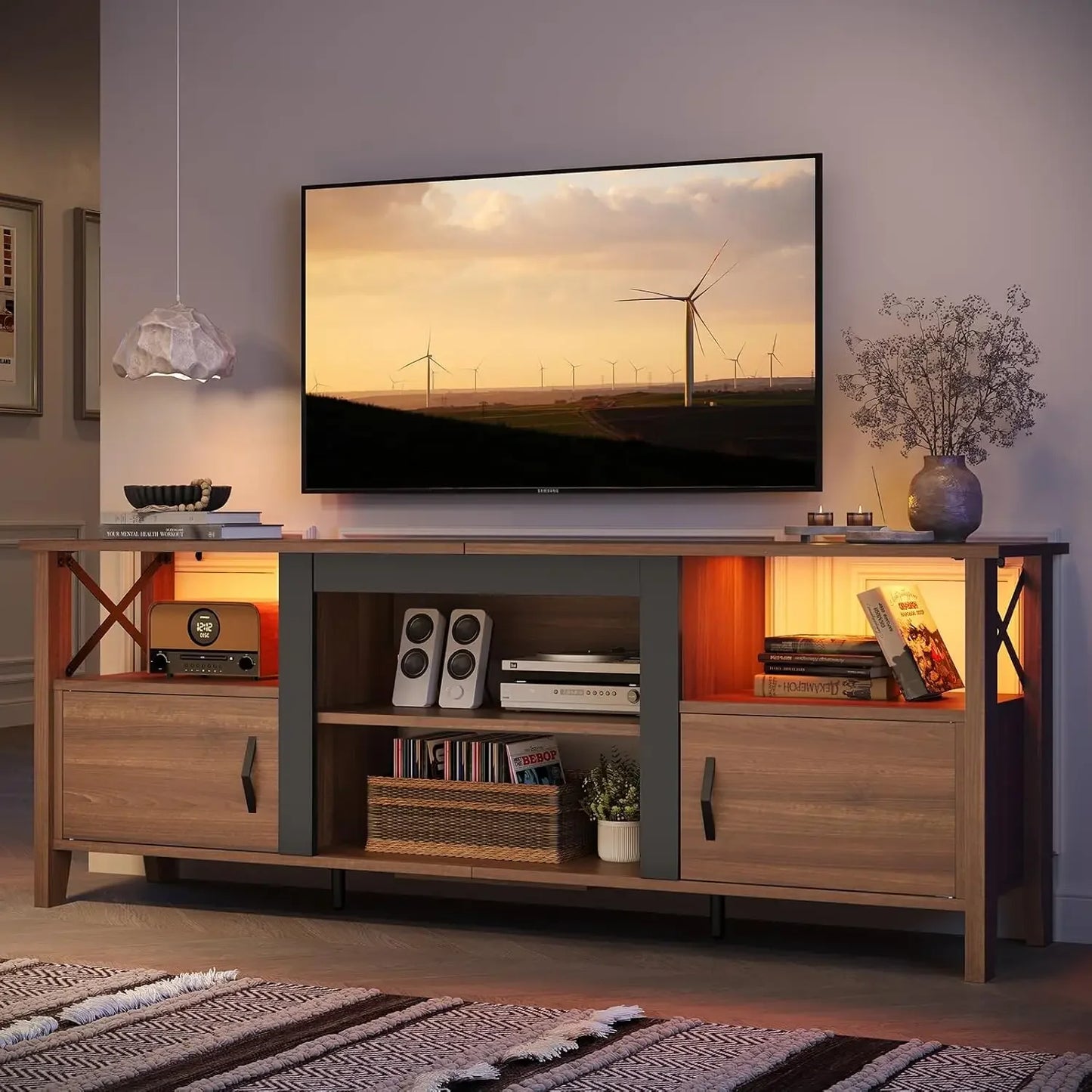 Farmhouse TV Stand for 70 inch TV, Gaming Entertainment Center with LED Lights & Storage Cabinets & Shelf