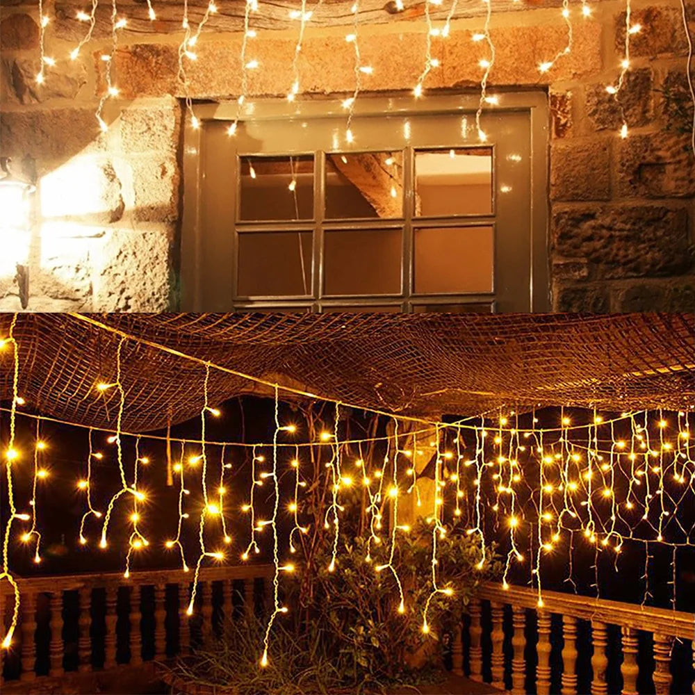 Solar Icicle Curtain Lights Outdoor Waterproof Eaves Light String 8 LIghting Modes 2025 Garden New Year Ramadan Decoration