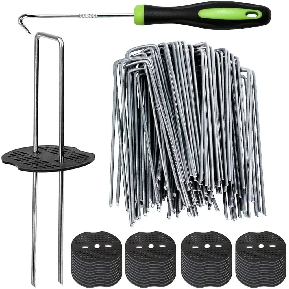 50 Pieces Heavy Duty U Shaped Garden Stakes Landscape Staples 6 Inch 11 Gauge Galvanized Metal with Fixing Gaskets and Pick Hook Included