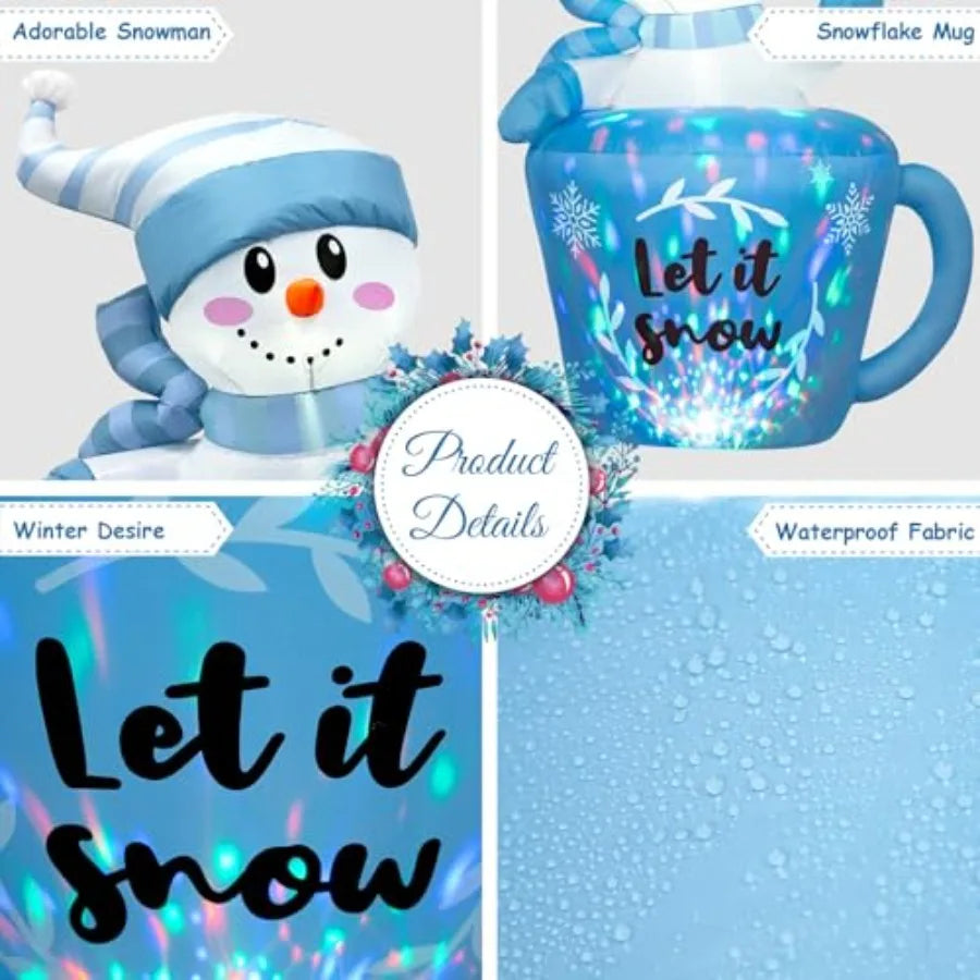 5FT Christmas Inflatable Snowman in Mug Adorable Blue Snowman Blow Up Awaiting the Snow Outdoor Winter Decorations with Builtin