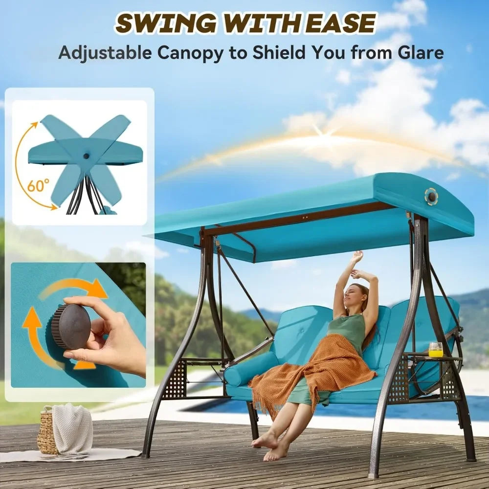 Outdoor Porch Swing with Adjustable Canopy Three Seat Outdoor Swing for Adults Patio Swing Chair with Thickened Cushions