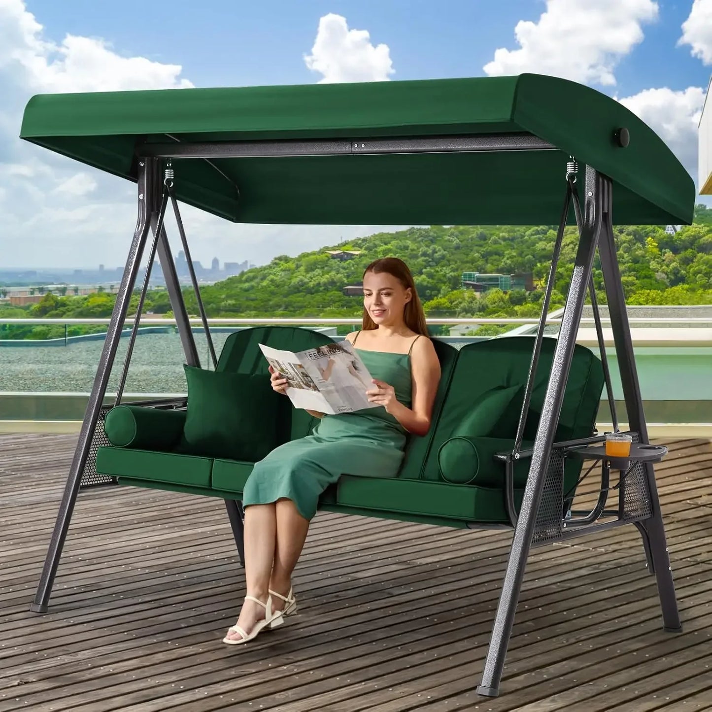 Outdoor Porch Swing with Adjustable Canopy Three Seat Outdoor Swing for Adults Patio Swing Chair with Thickened Cushions