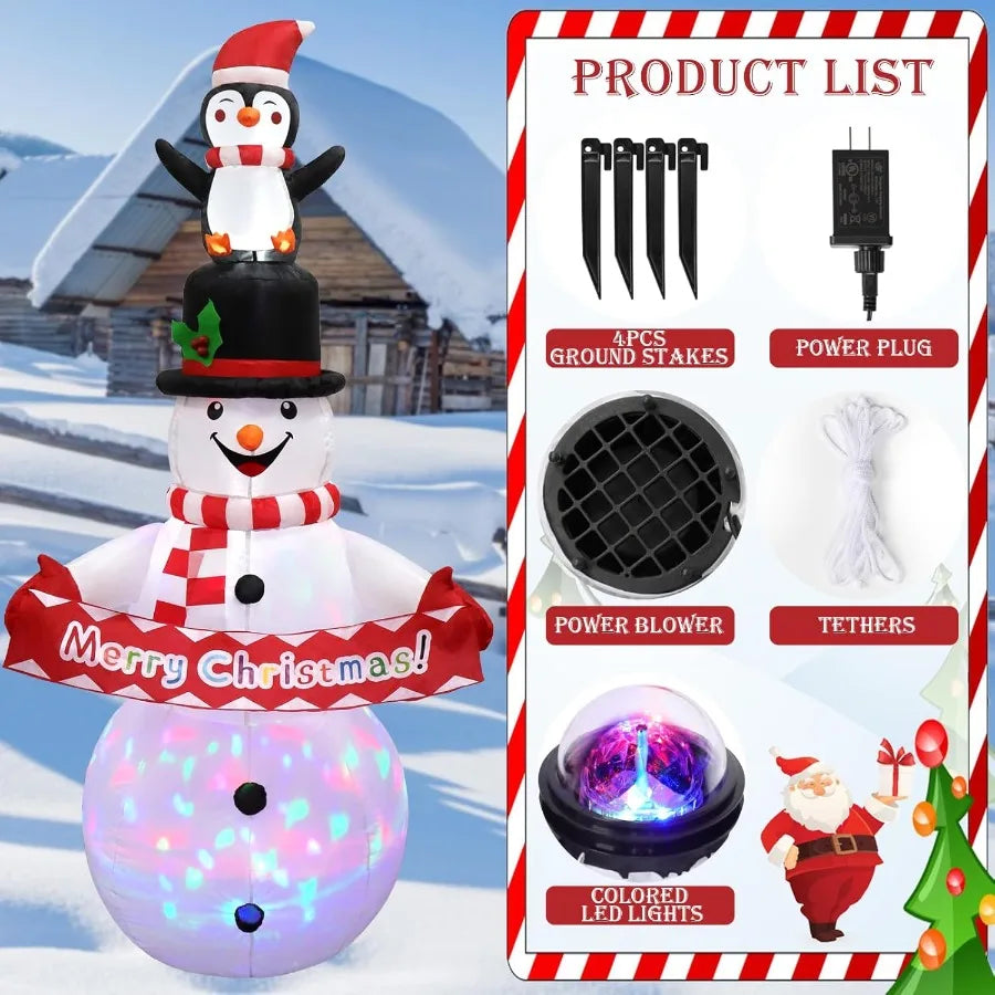 6FT Christmas Snowman Inflatable Decoration with Rotating LED Lights for Outdoor Holiday Party Patio Garden Lawn and Yard Decor