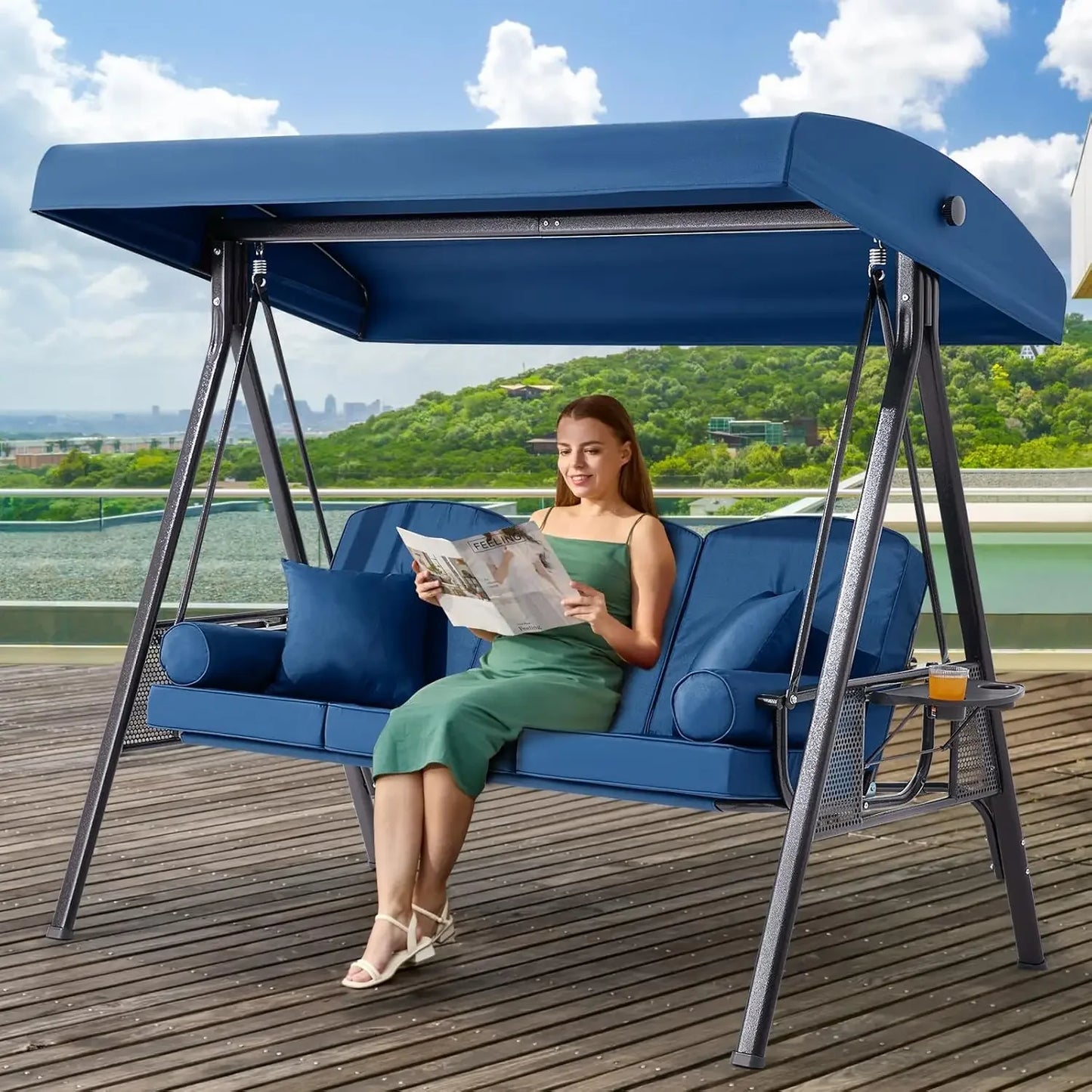 Outdoor Porch Swing with Adjustable Canopy Three Seat Outdoor Swing for Adults Patio Swing Chair with Thickened Cushions