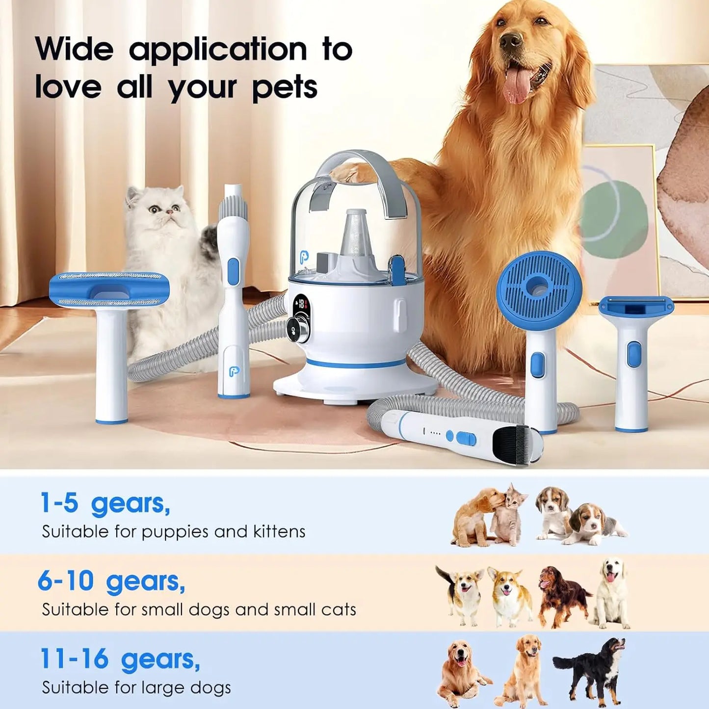 Dog Grooming Kit with 2L Vacuum Suction and 99 Percent Pet Hair Collection Professional Pet Grooming Vacuum Kit with 5 Grooming Tools for Dogs and Cats