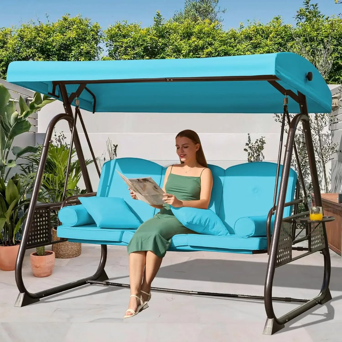 Outdoor Porch Swing with Adjustable Canopy Three Seat Outdoor Swing for Adults Patio Swing Chair with Thickened Cushions
