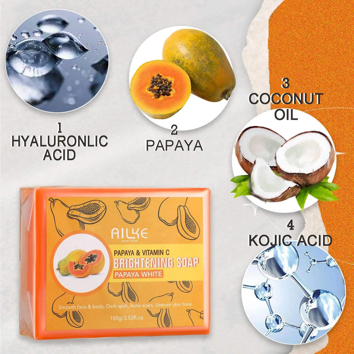 AILKE Papaya Lightening Soap, With Vitamin C, Deeply Moisturizing, Nourishing, Smooth, Gentle, Skin Brightening Soap 150g