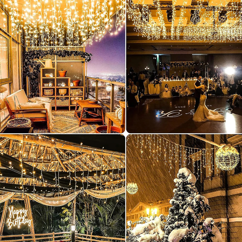 Solar Icicle Curtain Lights Outdoor Waterproof Eaves Light String 8 LIghting Modes 2025 Garden New Year Ramadan Decoration