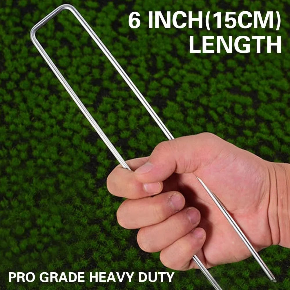 50 Pieces Heavy Duty U Shaped Garden Stakes Landscape Staples 6 Inch 11 Gauge Galvanized Metal with Fixing Gaskets and Pick Hook Included