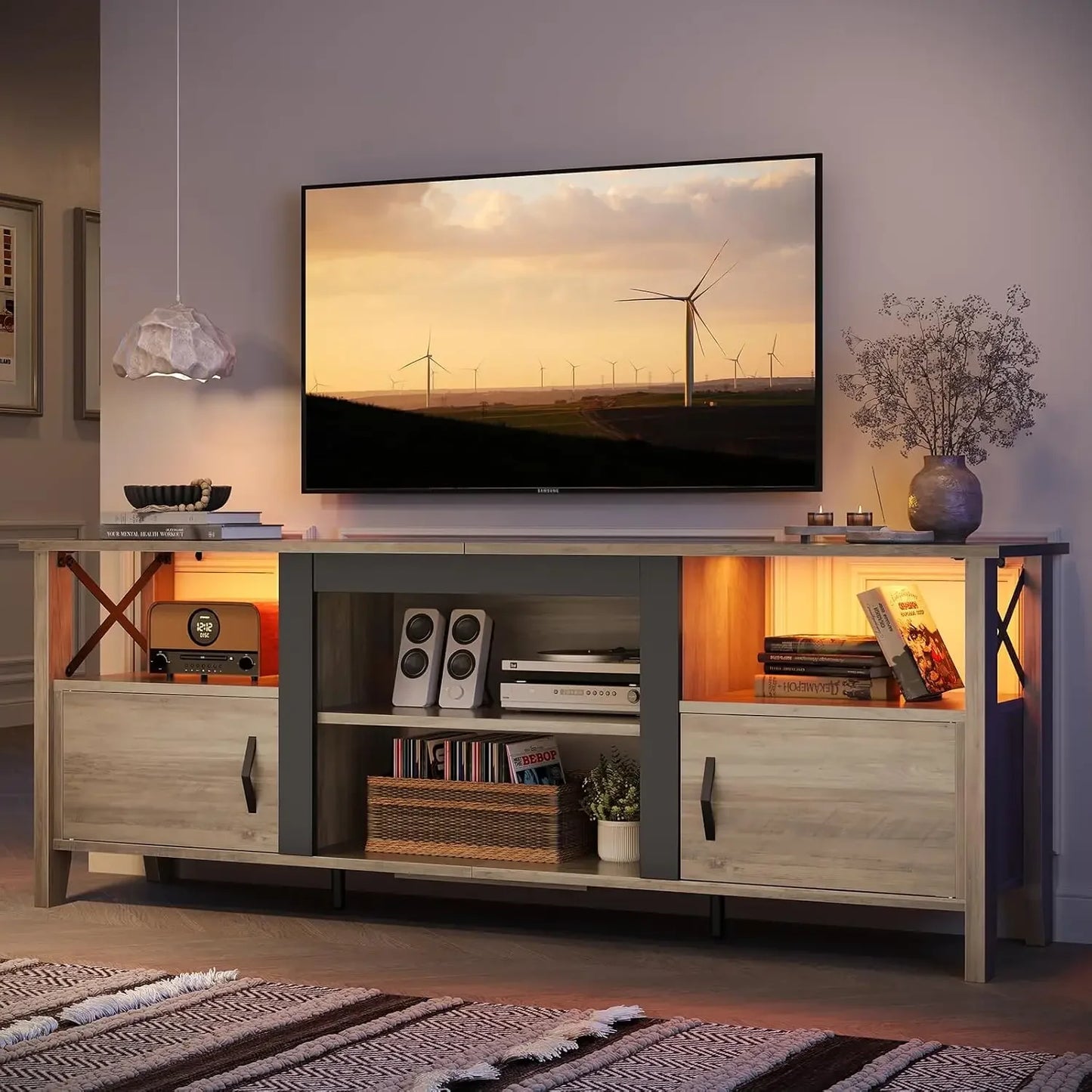 Farmhouse TV Stand for 70 inch TV, Gaming Entertainment Center with LED Lights & Storage Cabinets & Shelf