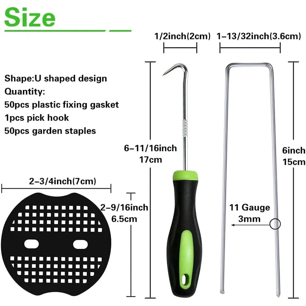 50 Pieces Heavy Duty U Shaped Garden Stakes Landscape Staples 6 Inch 11 Gauge Galvanized Metal with Fixing Gaskets and Pick Hook Included