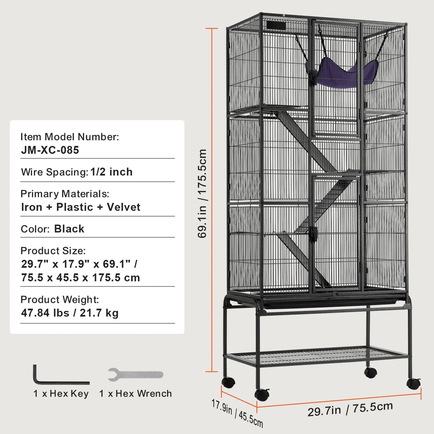SucceBuy 64.6" Rolling Metal Ferret Cage Large 4-Tier Critter Nation Cage Small Animal Cage for Pet Rats Hamster Guinea
