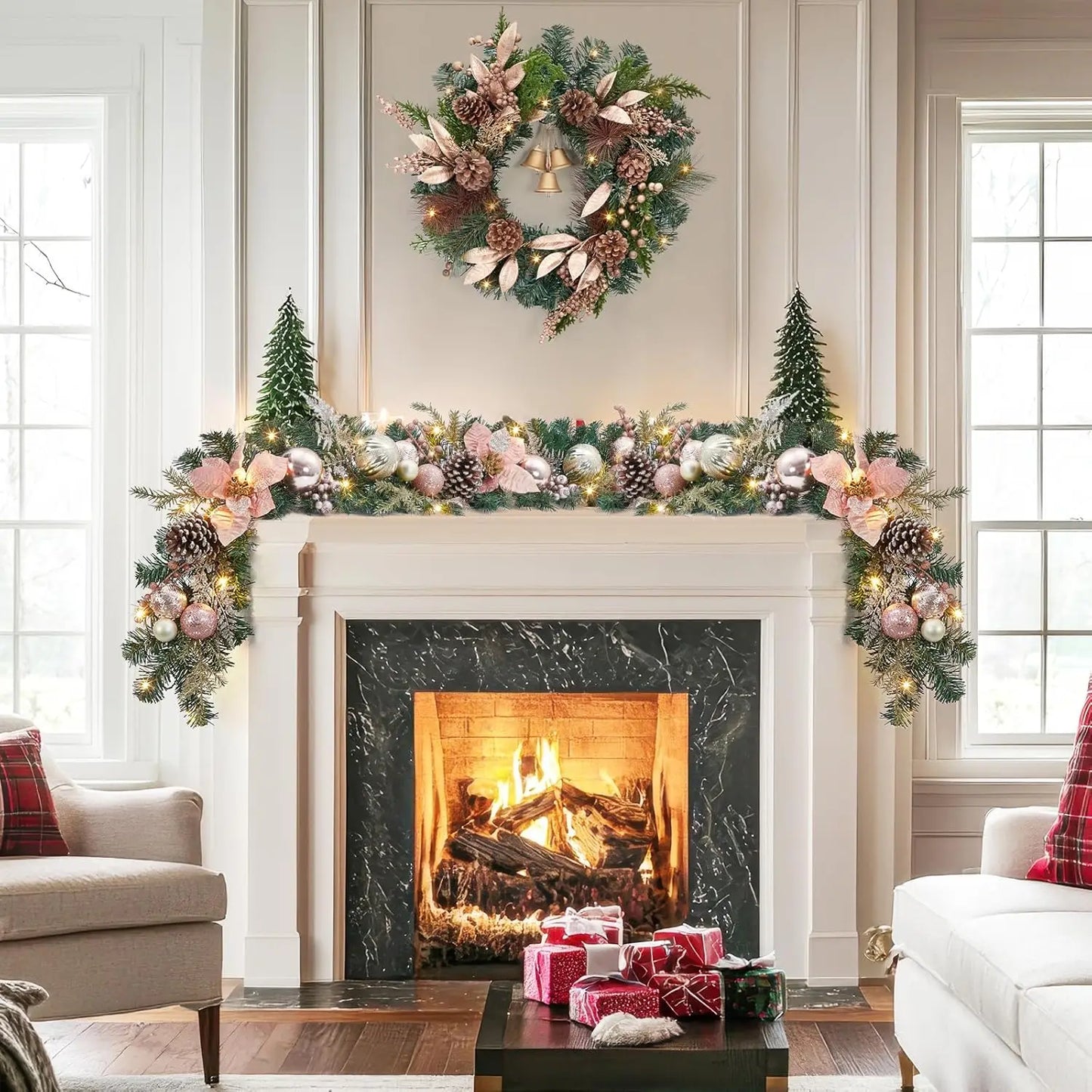 Christmas Garland with Lights, 6ft Pre Lit Outdoor Xmas Garland with Timer 20 LED Lights Pinecones Rose Gold Ball Ornaments