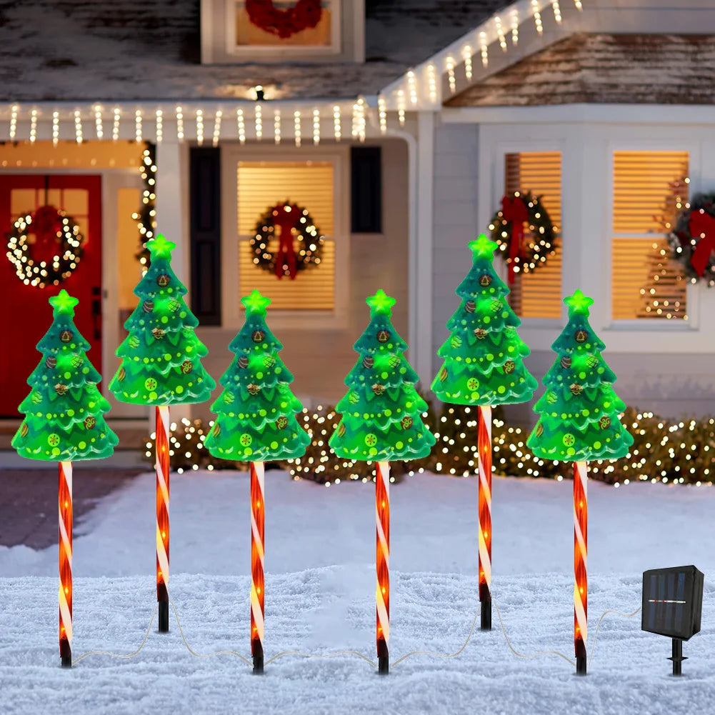 6 Pack Solar Xmas Tree Light 6 Modes LED Solar Powered String Lights Auto On/Off Decorative Pathway Light for Courtyard Balcony